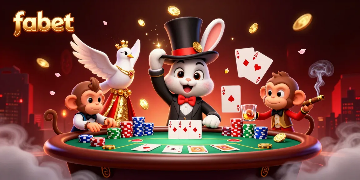 Experience the vibrant fabet casino scene with a magical rabbit, dove, and monkey amidst poker chips and winning cards.