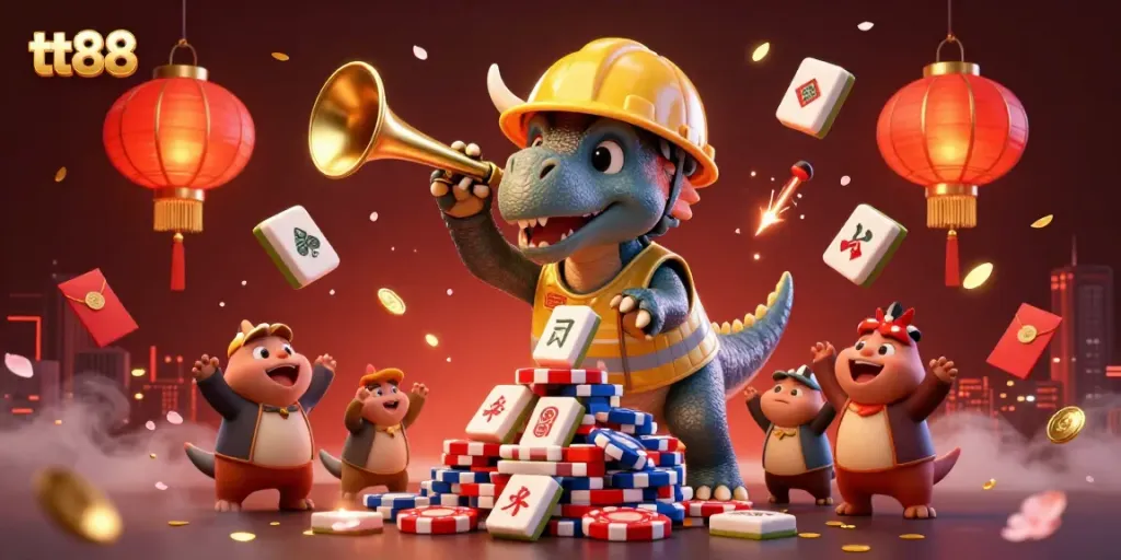 Experience thrilling excitement with tt88 as cartoon dinosaurs celebrate a gambling win amidst a vibrant casino scene.