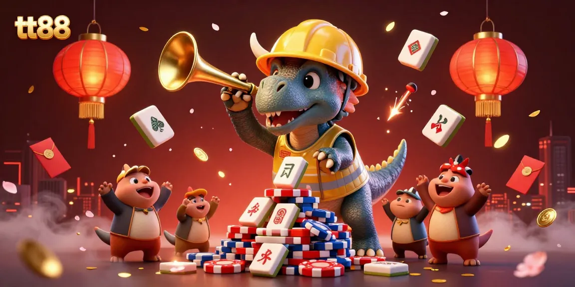 Experience thrilling excitement with tt88 as cartoon dinosaurs celebrate a gambling win amidst a vibrant casino scene.