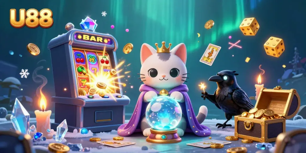 Engage with U88’s thrilling slot machines in a captivating casino scene.