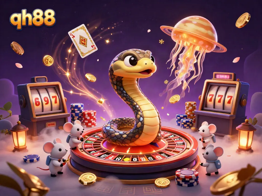 Experience the excitement of qh88 with a vibrant illustration of a cosmic casino scene featuring roulette and gaming elements.