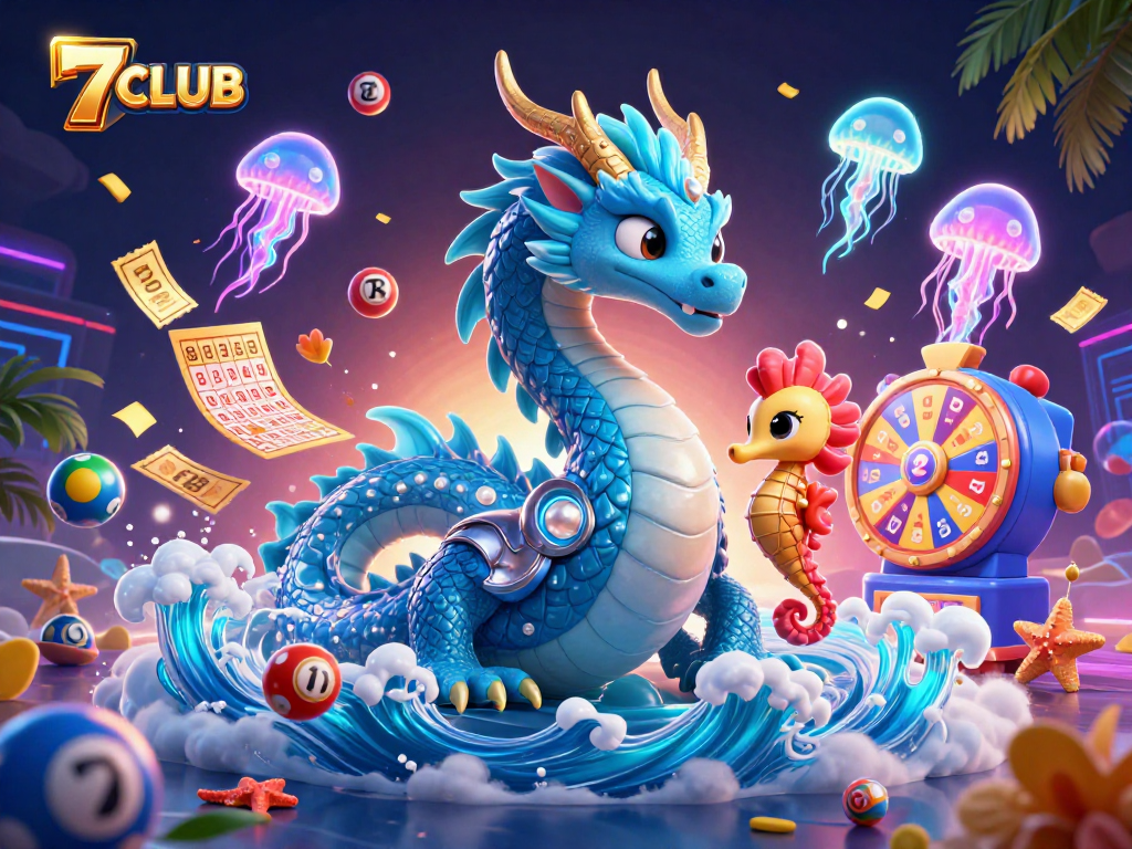 Experience exciting gaming at 7CLUB with dynamic scenes of animated characters and vibrant prizes.
