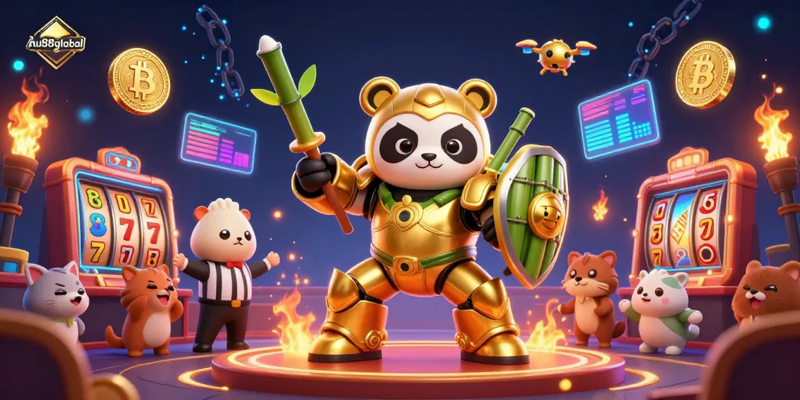 Bet on exciting games at au88global featuring a golden panda pilot in a vibrant casino arena.