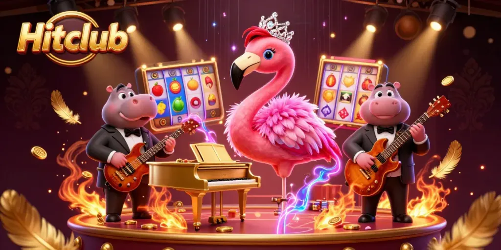 Engage with Hitclub in a vibrant casino scene featuring a flamingo singer, hippo bassist, and spinning slots.