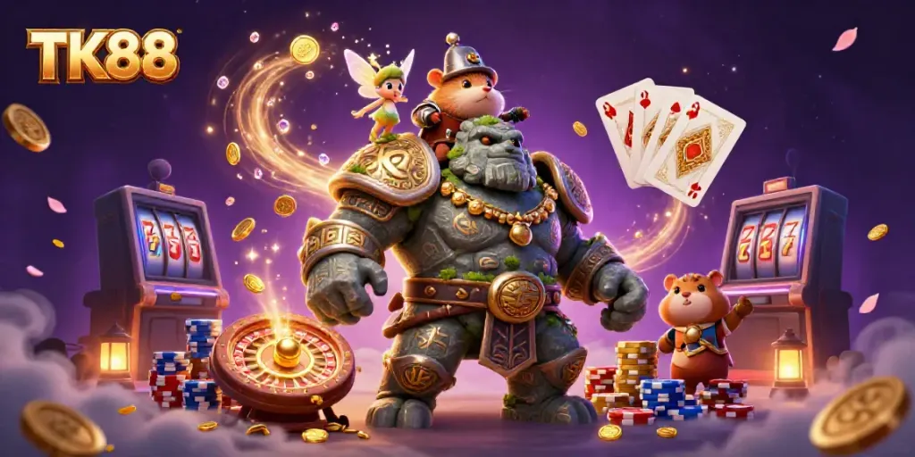 Experience thrilling TK88 gaming adventures with enchanting characters amid dazzling casino elements.