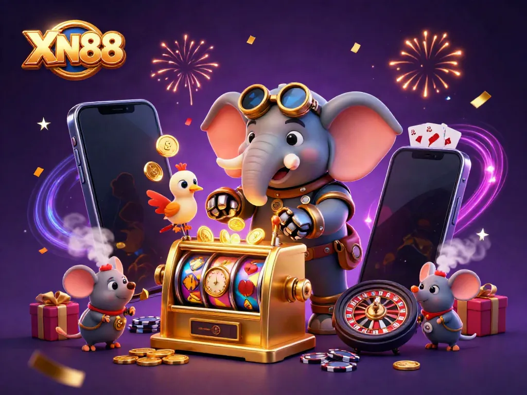 Experience XN88's vibrant atmosphere with a steampunk elephant at a dynamic slot machine.