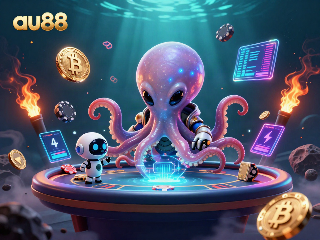 Experience thrilling poker action with au88 featuring an alien octopus at a holographic table.