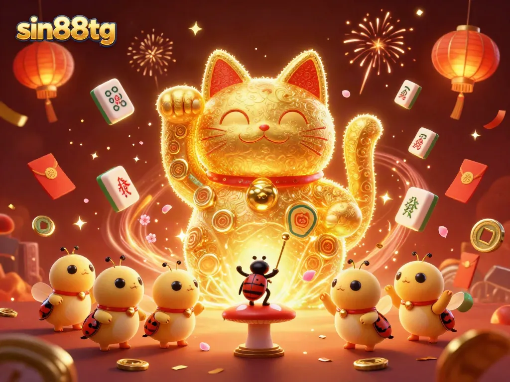 Experience gambling excitement with sin88tg's vibrant lucky cat scene full of casino symbols and festive elements.
