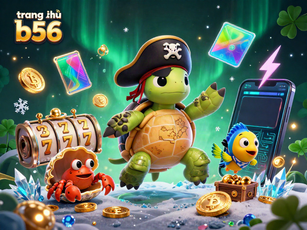Engage in thrilling gameplay with B56's cartoon pirate turtle and treasure amidst a vibrant casino backdrop.
