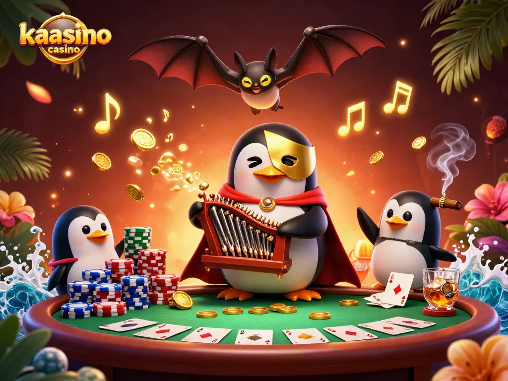 Kaasino casino showcases a vibrant 3D illustration of a penguin organist surrounded by poker elements, symbolizing exciting gameplay.