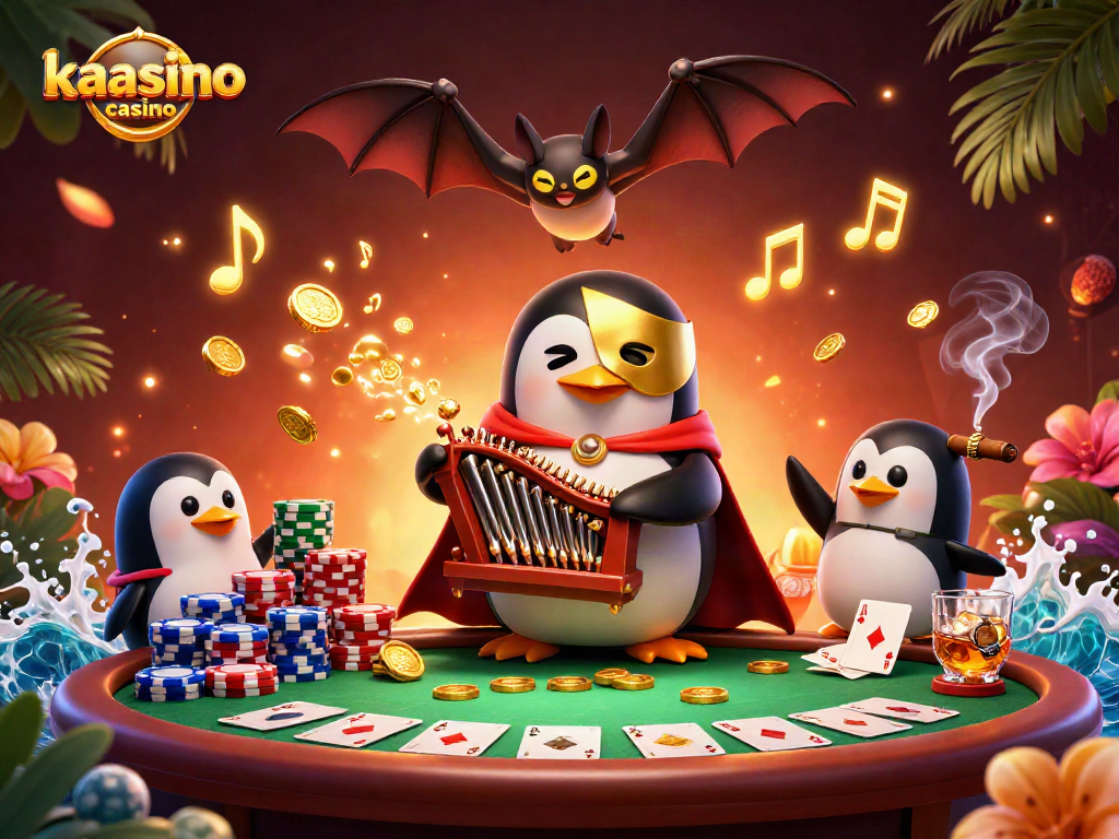 Kaasino casino showcases a vibrant 3D illustration of a penguin organist surrounded by poker elements, symbolizing exciting gameplay.