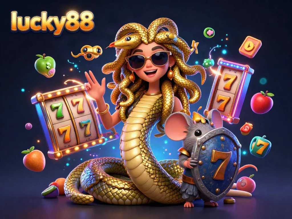 Engage with lucky88 in a vibrant casino scene featuring Medusa and a warrior mouse amid slot machines.