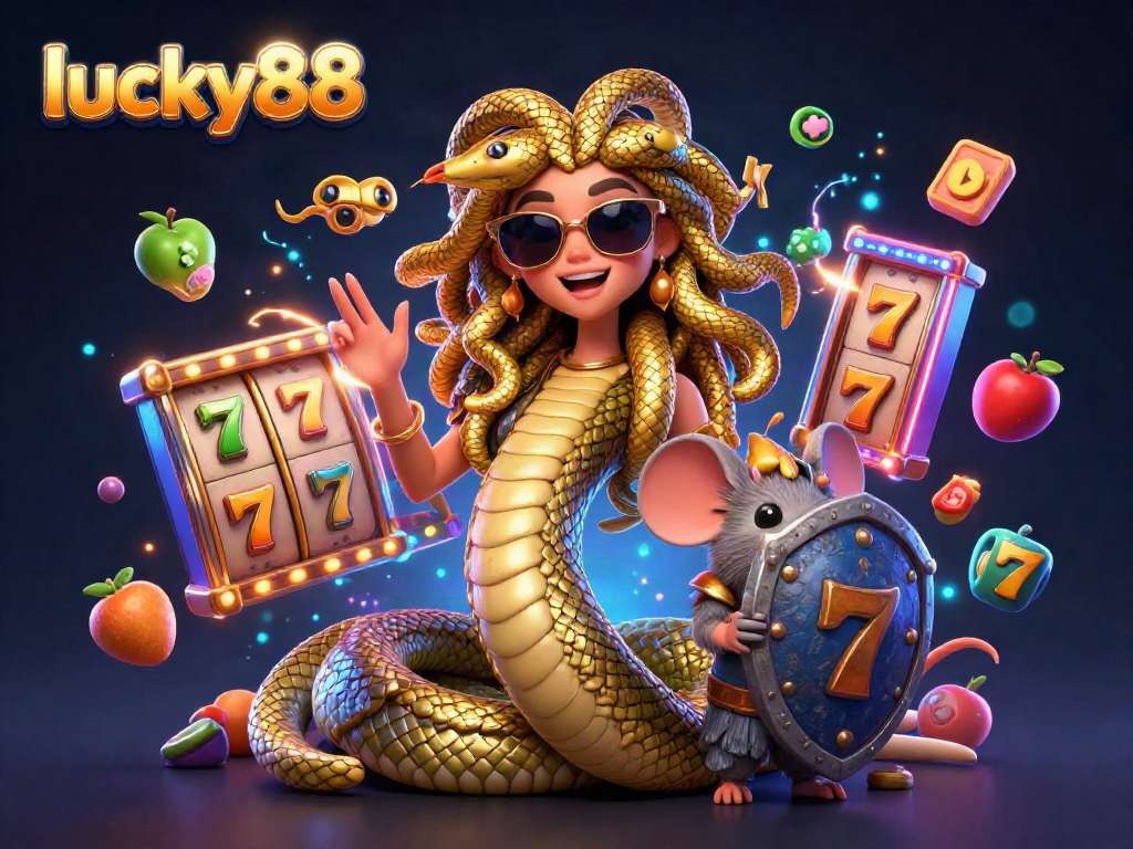 Engage with lucky88 in a vibrant casino scene featuring Medusa and a warrior mouse amid slot machines.