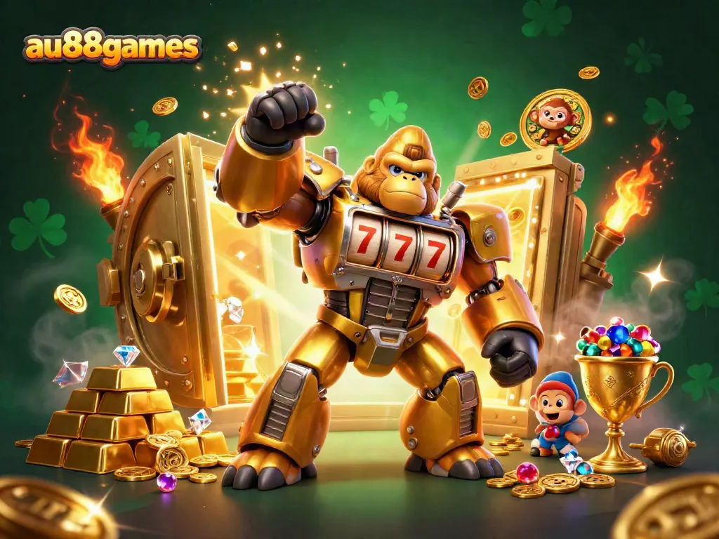 Experience the excitement of au88games with a dynamic 3D illustration of a golden gorilla mech amidst treasure.