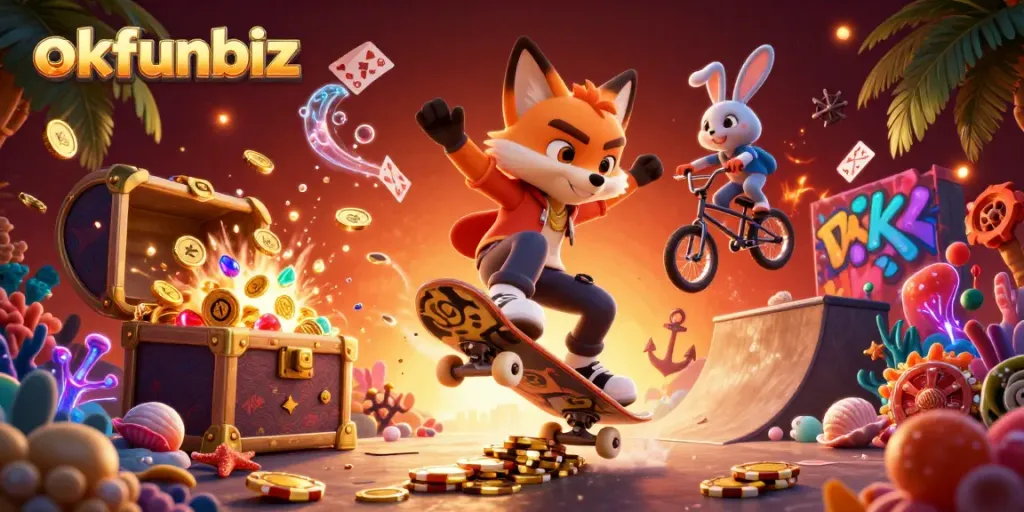 Join the fun at okfunbiz with a thrilling skateboarding fox and rabbit in a dynamic casino scene.