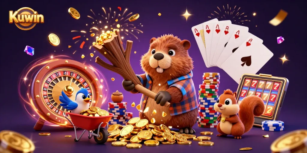 Participate in exciting gameplay with Kuwin's vibrant casino experience, showcasing a merry beaver and friends interacting with golden winnings.