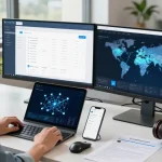 快连应用界面在现代办公室中展现的高效网络优化场景，突显流畅连接与数据安全。