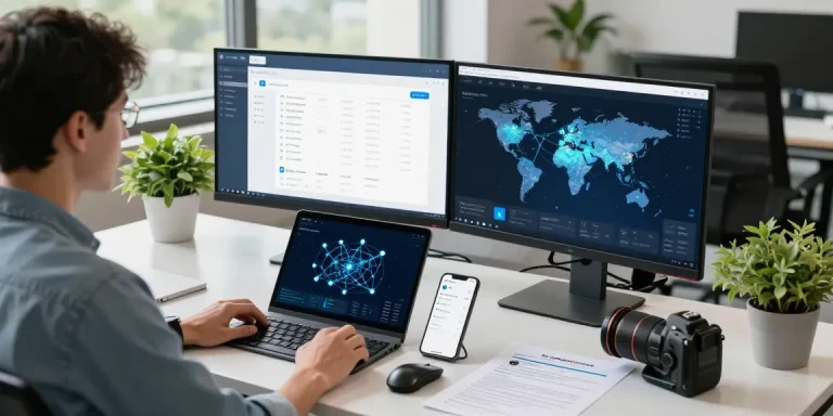 快连应用界面在现代办公室中展现的高效网络优化场景，突显流畅连接与数据安全。
