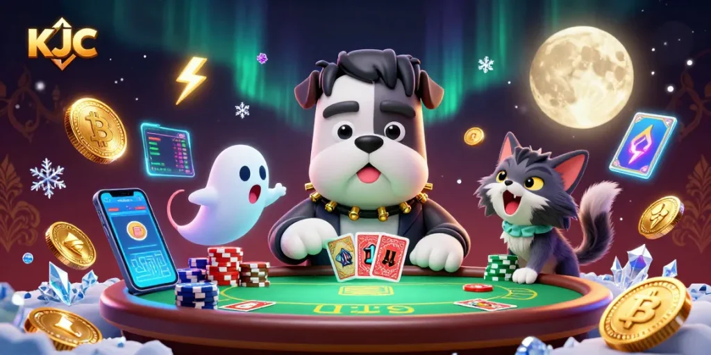 KJC entertains players with a 3D poker scene featuring whimsical characters and cryptocurrency elements.