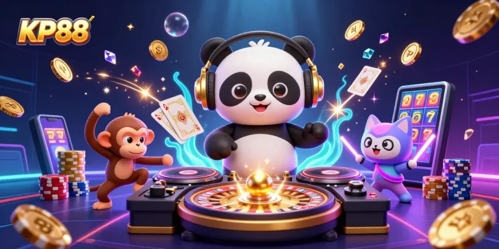 Experience KP88's vibrant gaming scene with a DJ panda, lighting effects, and cascading coins.