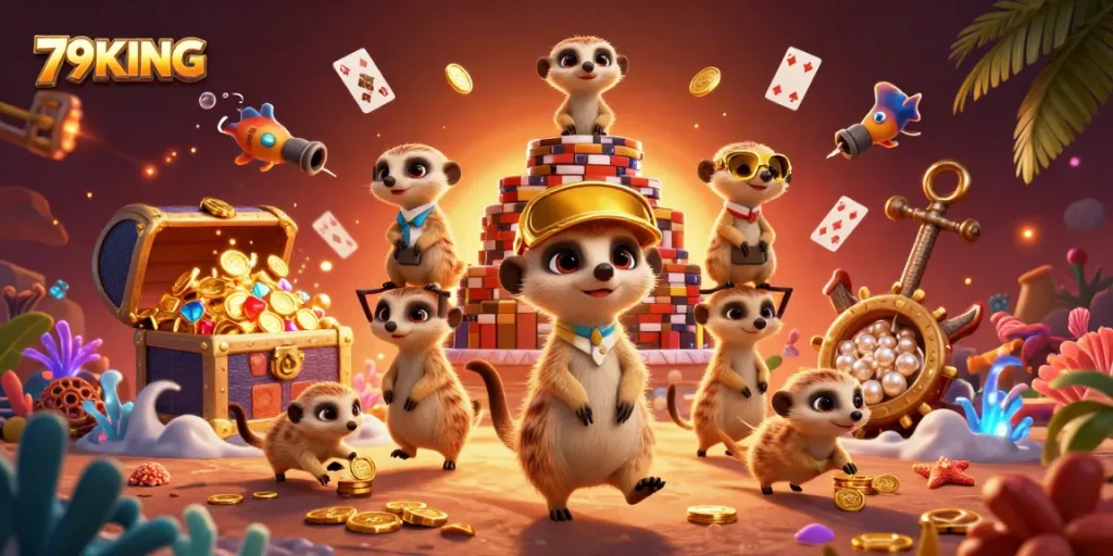 Engage in exhilarating gaming at 79KING with a colorful casino scene featuring meerkats managing vibrant games.