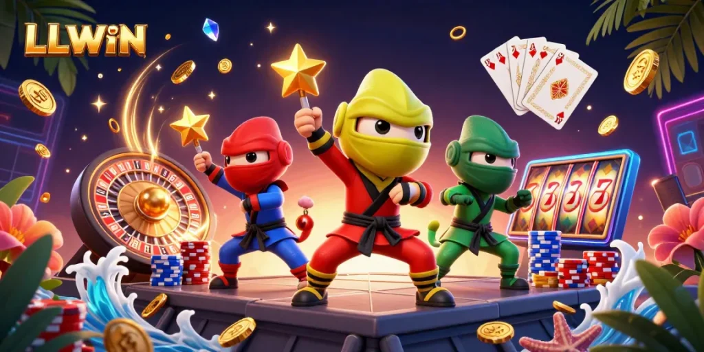 Engage with LLWIN's energetic gameplay as skilled cartoon chameleons showcase thrilling casino action.