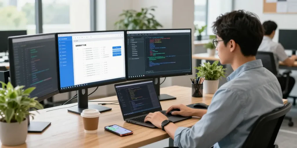 在开放的现代办公室内，开发人员正在使用易翻译下载，双屏显示器展示应用界面，营造高效的工作氛围。