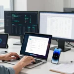 使用爱思助手进行苹果设备管理的现代工作场景，显示技术员在电脑前处理问题。