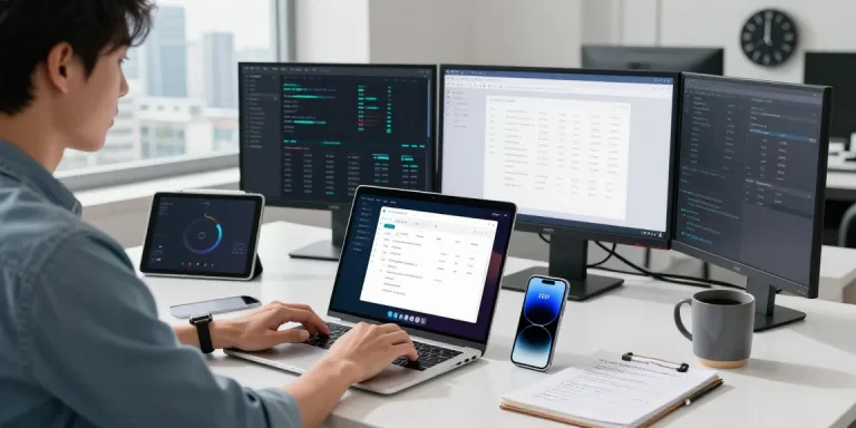 使用爱思助手进行苹果设备管理的现代工作场景，显示技术员在电脑前处理问题。