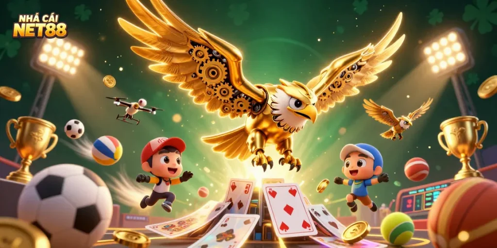Engage with NHÀ CÁI NET88 in thrilling sports betting, capturing dynamic action with 3D golden eagle and flying game elements.