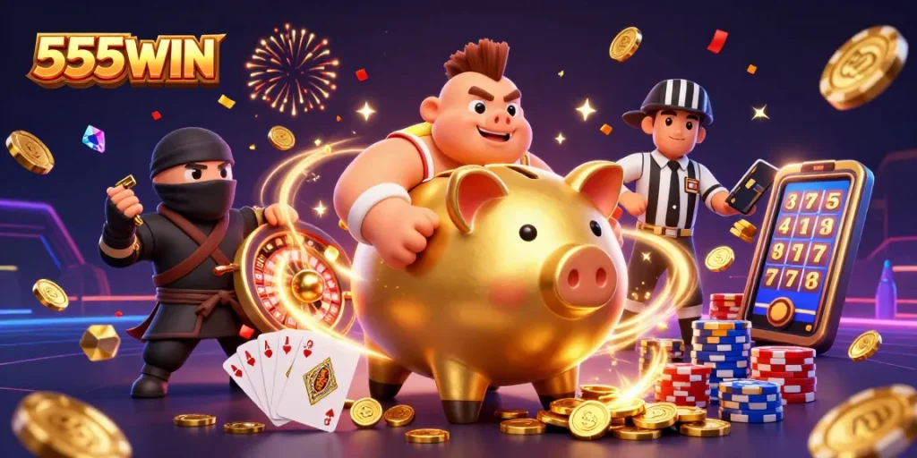 Join the excitement at 555WIN with dynamic casino action featuring lively characters and abundant winning elements.
