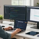 使用搜狗输入法的开发者在现代办公室中工作，显示出技术的高效与便捷。