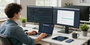 使用搜狗输入法的开发者在现代办公室中工作，显示出技术的高效与便捷。