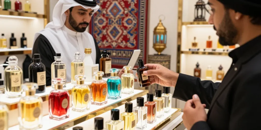 Blader door Arabische parfums in een luxueuze parfumerie met elegante displays en levendige geuren.