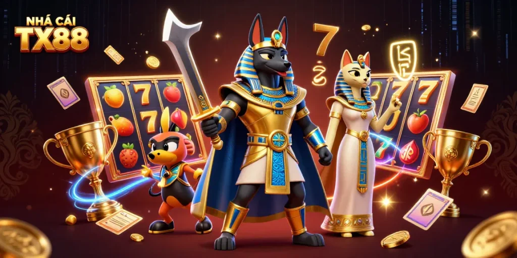 Experience the excitement of NHÀ CÁI TX88 with vibrant casino-themed illustration featuring Anubis and slots.