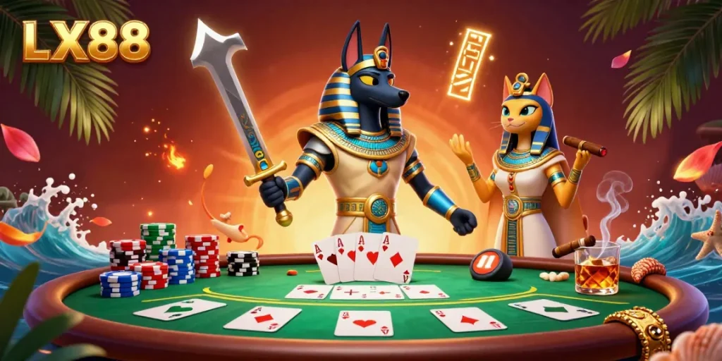 Experience the excitement of LX88 with an ancient Egyptian casino scene featuring Anubis and Bastet.