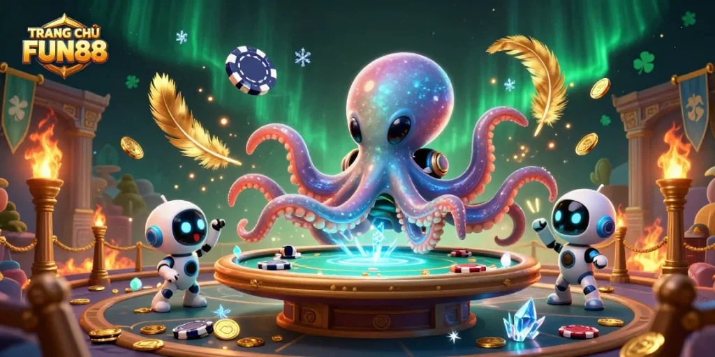 Experience TRANG CHỦ FUN88 with a thrilling 3D scene of a holographic poker table