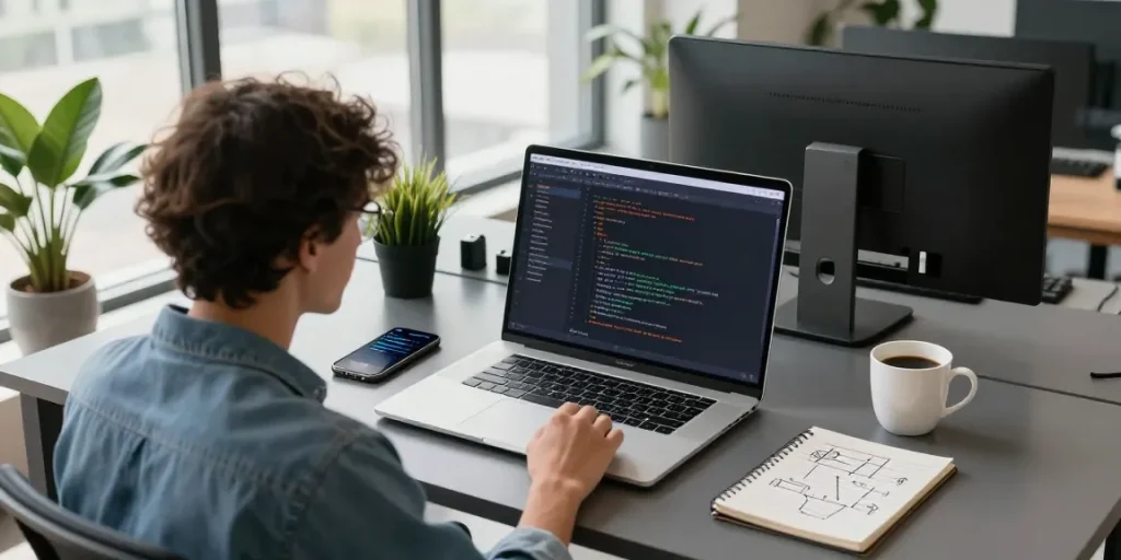 爱思助手专业技术支持下的现代办公场景，年轻专业人士在桌上显示代码和相关资源。