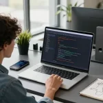 爱思助手专业技术支持下的现代办公场景，年轻专业人士在桌上显示代码和相关资源。