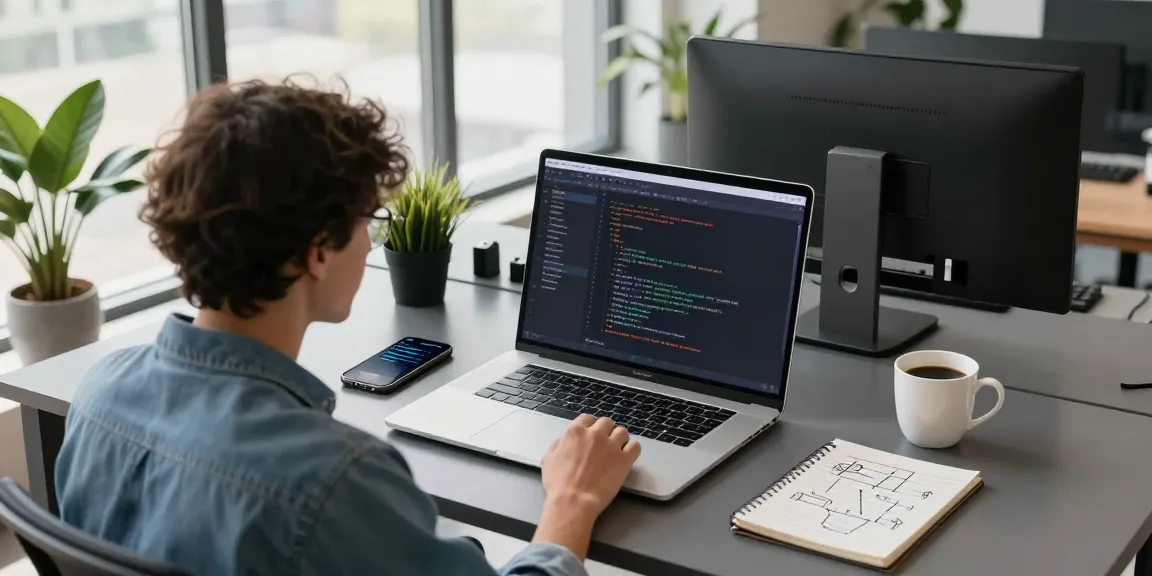 爱思助手专业技术支持下的现代办公场景，年轻专业人士在桌上显示代码和相关资源。