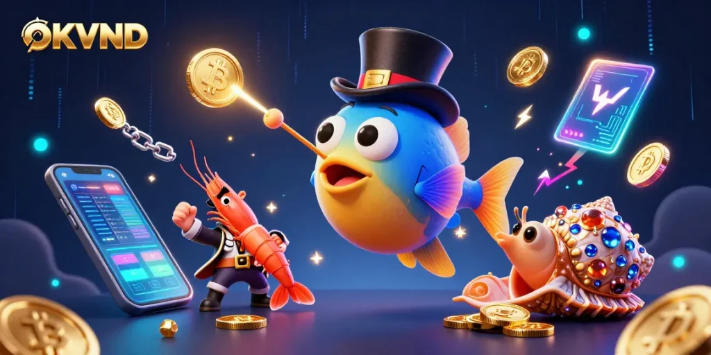 Engage with OKVND through this vibrant 3D scene showcasing fun characters and cryptocurrency elements.