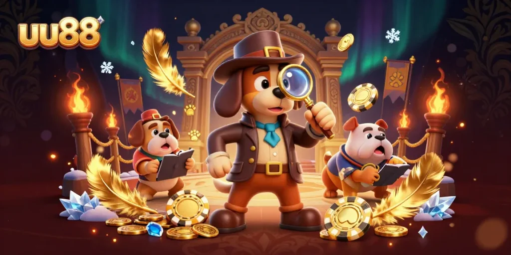 Experience the thrill of uu88 with a detective investigating golden poker chips and casino treasures.