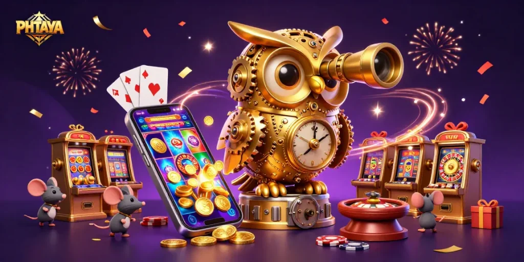 PHTAYA players enjoy fast-paced casino action with festive golden details and vibrant gaming elements.