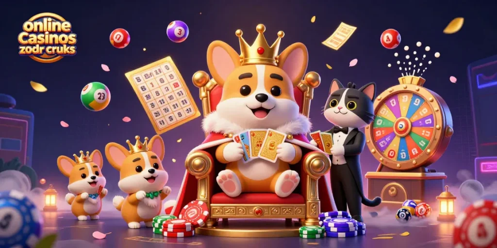 Experience online casinos zonder cruks with a royal corgi on a throne and lively gaming elements.