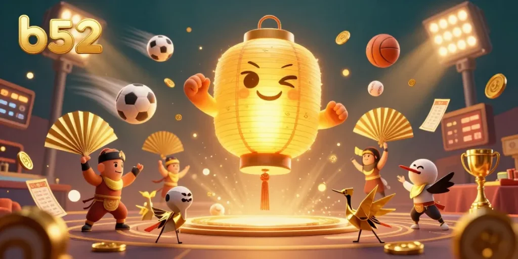 B52 casino scene featuring a giant golden lantern spirit and paper fan warriors amidst dynamic gaming elements.