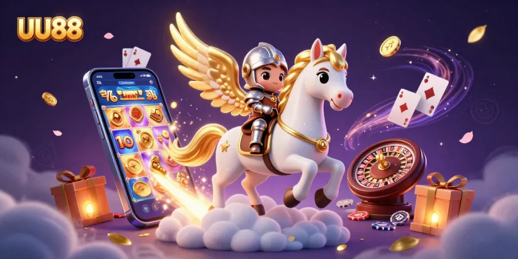 Experience thrilling slots and games at UU88, with vibrant golden coins and dynamic gameplay.