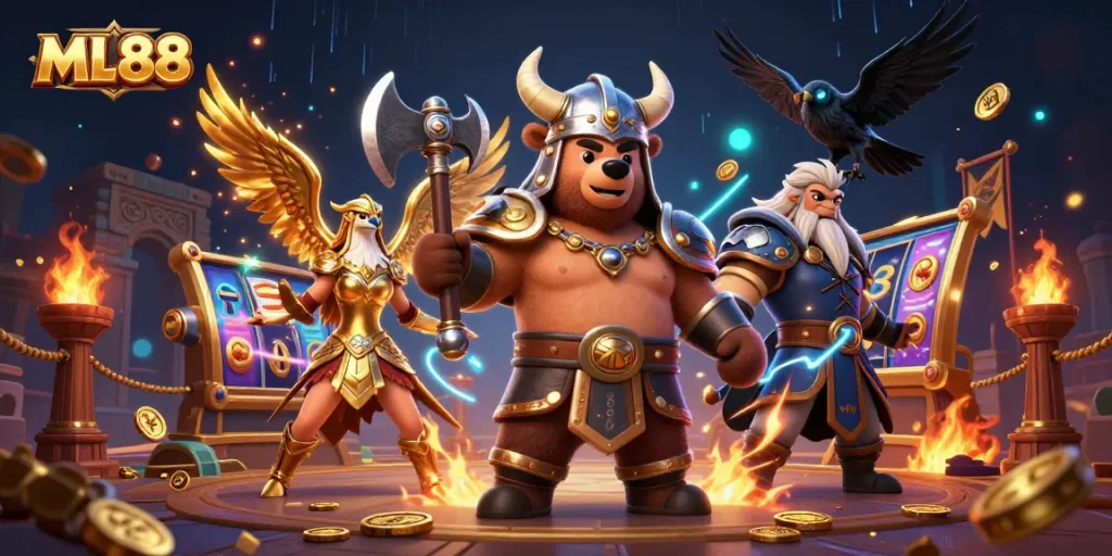 ML88 showcases a dynamic scene with Viking characters and slot elements, embodying casino excitement.