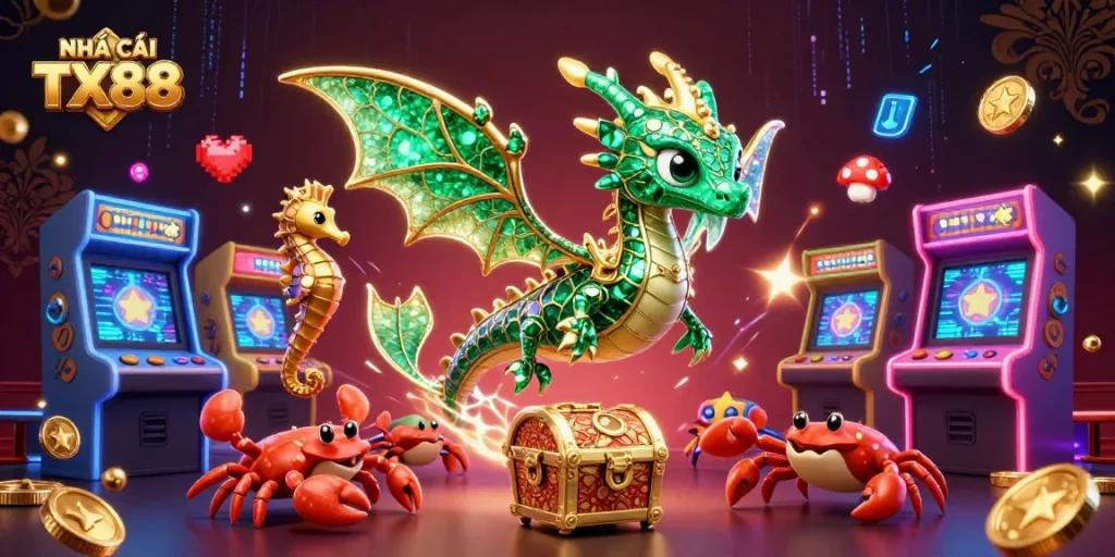 Engage in excitement at NHÀ CÁI TX88 with a vibrant 3D casino-themed scene showcasing gaming action and adventure.