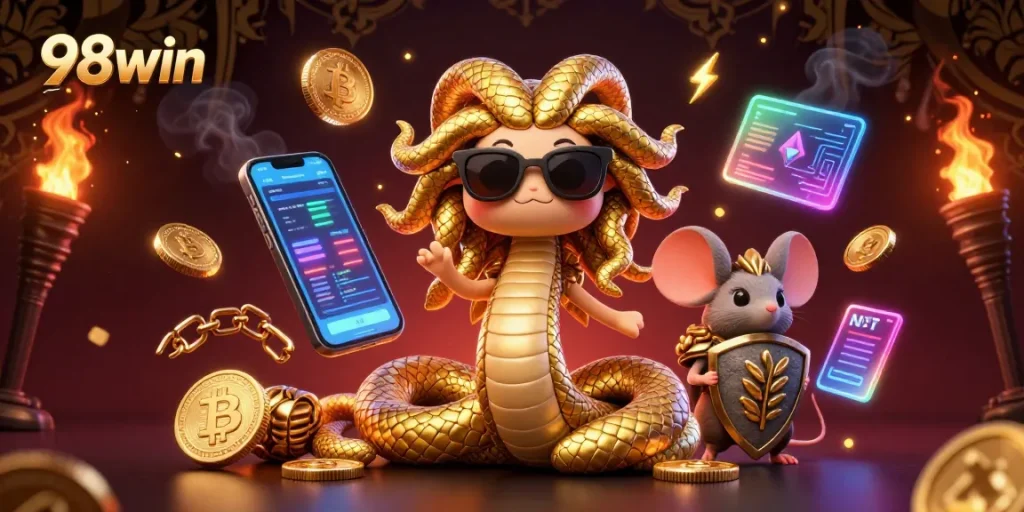 Engage with thrilling games at 98win through a colorful and dynamic casino illustration.