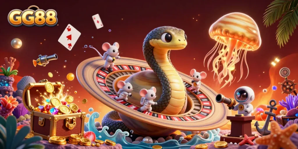 Engage with GG88's vibrant casino atmosphere, featuring a playful Saturn snake and astronaut mice betting.